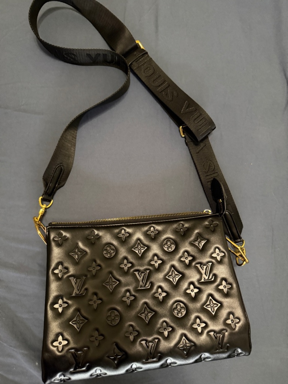 Louis Vuitton Black Embossed Monogram Shoulder Bag. zipper broken. chain missing